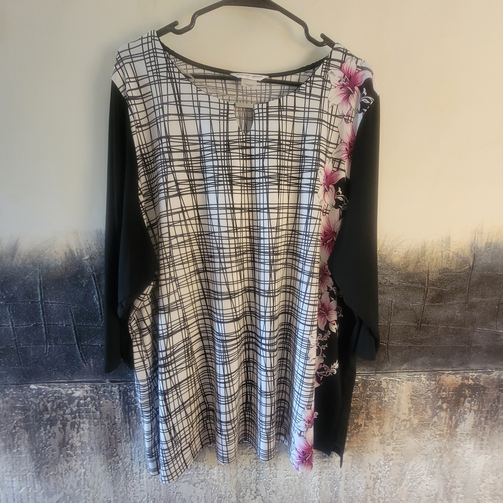 Allison Daley Black White Plaid Top with Pink Floral Trim